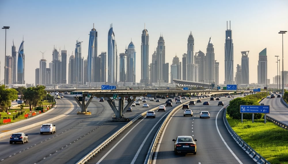 Dubai skyline with highways and modern transportation