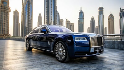 Luxury vehicle in Dubai cityscape