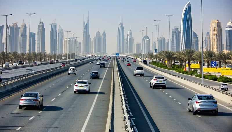Modern Dubai highway with Toll Way Travel vehicles