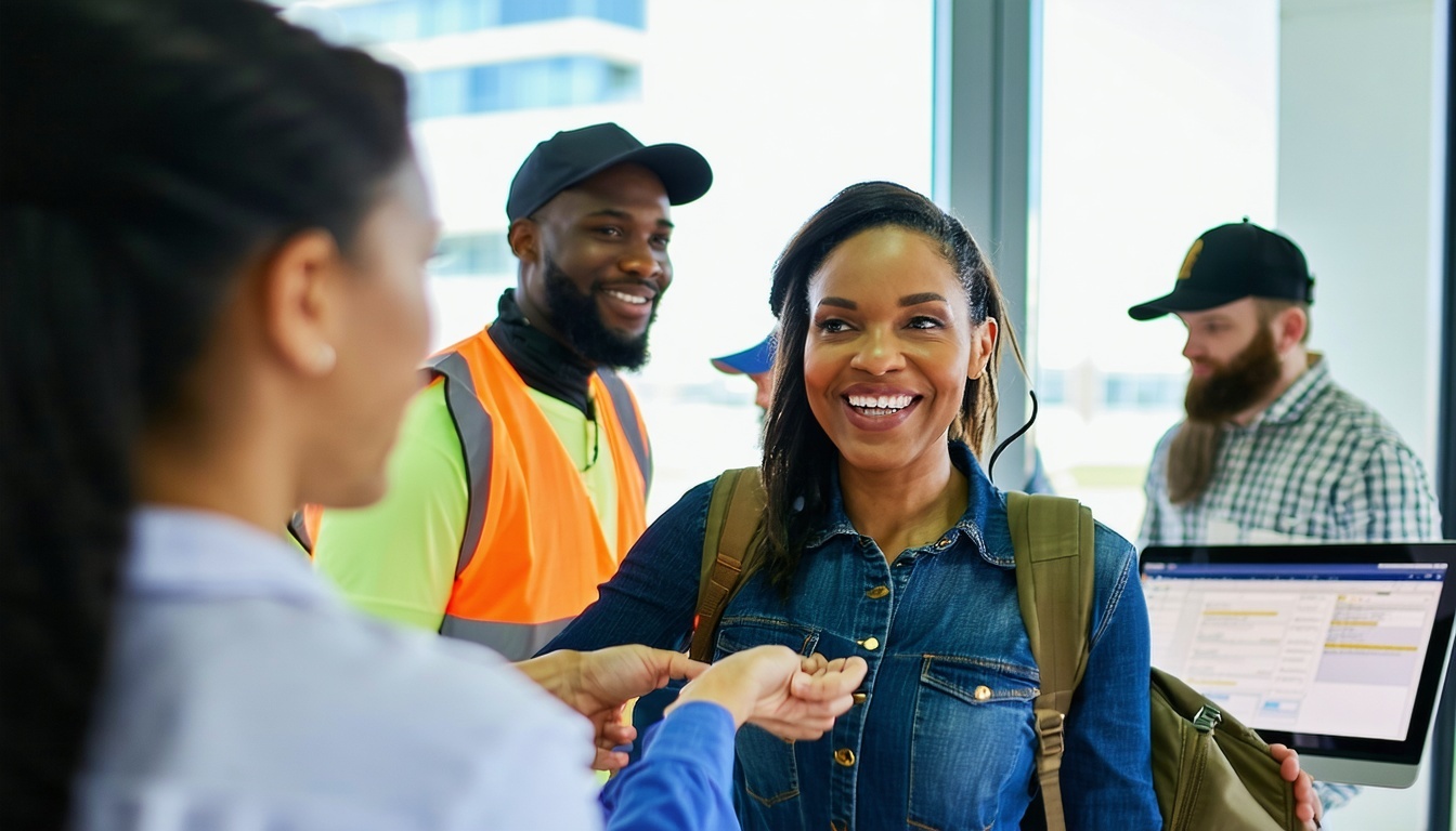 Customer support team assisting a traveller